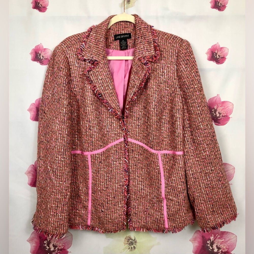 Lane Bryant - Tipped in Pink Grosgrain- Boucle Jacket -20W- Pink,Tan,Ivory,Black